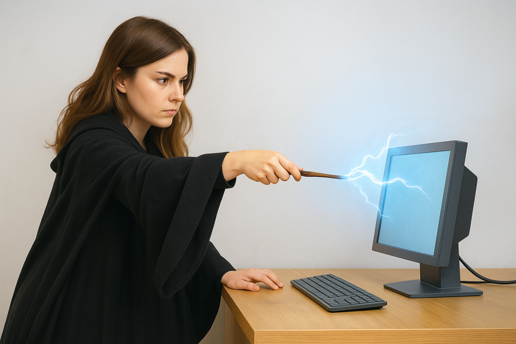 sorcière jetant un sort à son pc